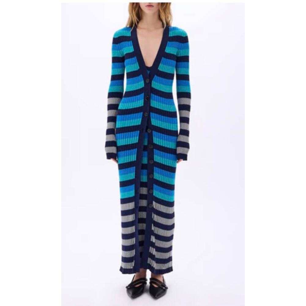 Sonia Rykiel Button Down Maxi Cardigan in Blue and Silver Stripe L